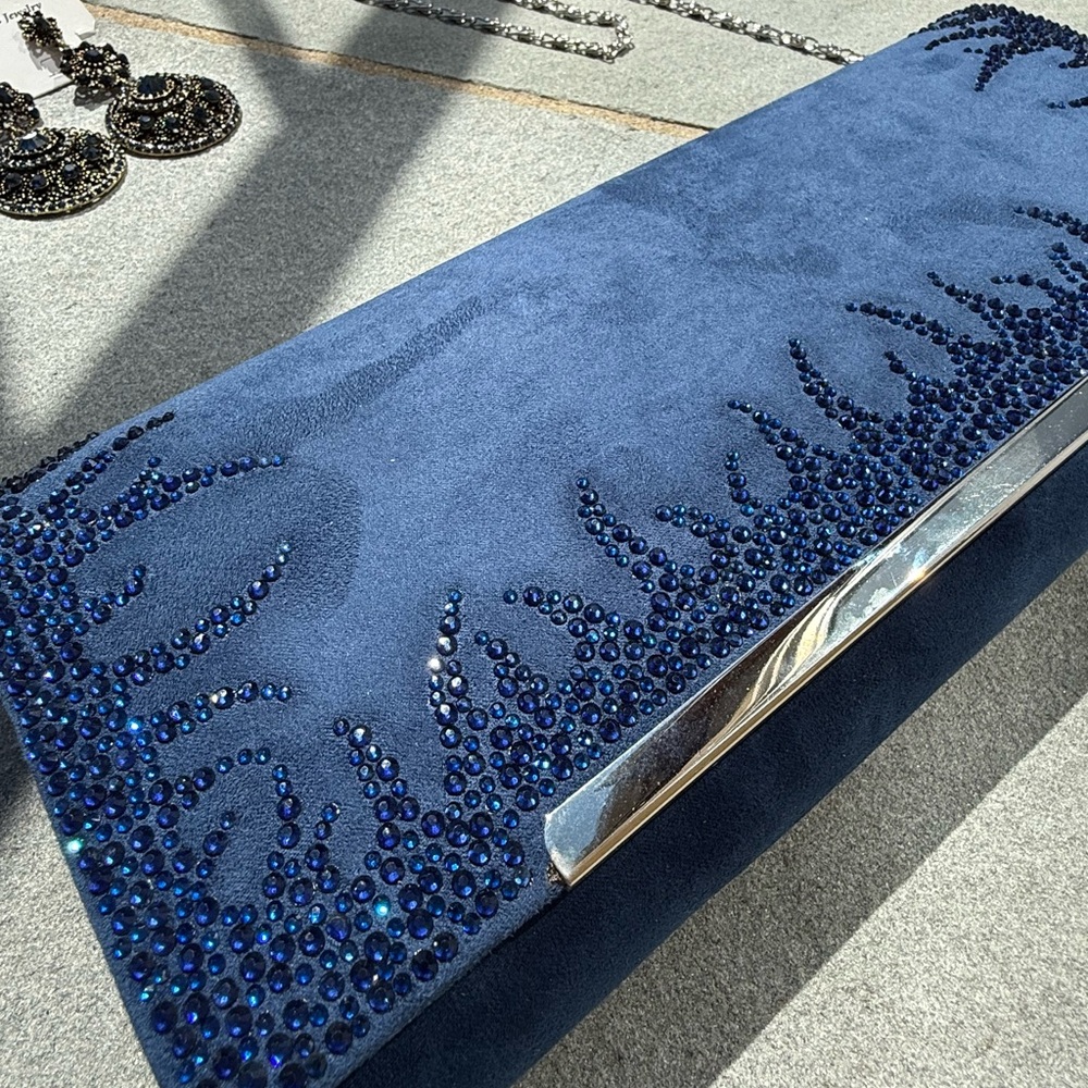 Blue Suede Clutch with Beaded Design